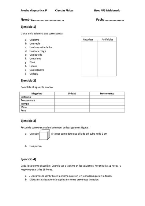 Prueba Diagnostica 1º Ciencias Fîsicas Liceo Nº3 Maldonadonombre