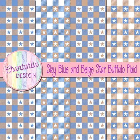 Sky Blue And Beige Star Buffalo Plaid Digital Papers