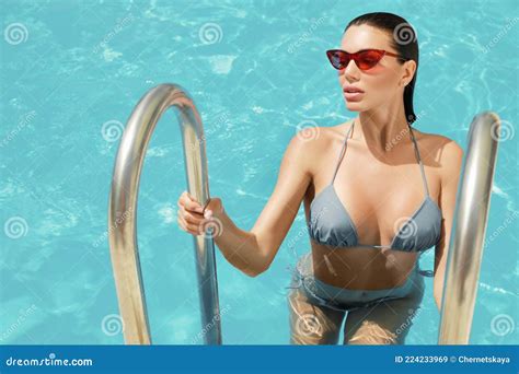 Beautiful Woman In Bikini Getting Out Of Pool Stock Image Image Of Resort Paradise