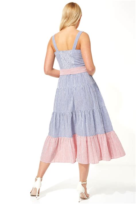 Stripe Tiered Cotton Midi Dress In Blue Roman Originals Uk