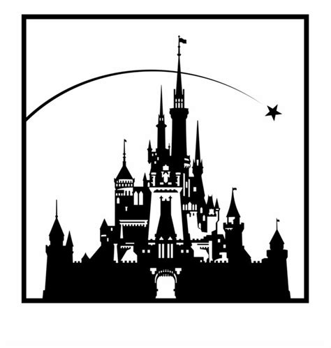 a black and white silhouette of a castle with stars in the sky over it's roof