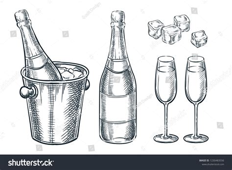 Champagne Bottle In Bucket With Ice And Two Glasses Vector Sketch