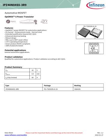 Infineon Ipz N S R Mosfet Data Sheet Manualzz