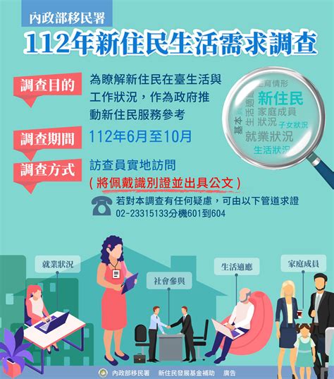 移民署中文網 移民署112年新住民生活需求調查將開始 請新住民協助受訪