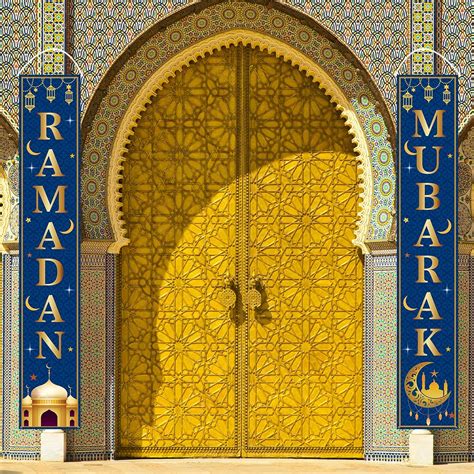 Ramadan Mubarak Door Banner Blue Gold Eid Mubarak Porch Banner