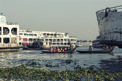 Dhaka Bangladesh February 24 2017 People And Cargo Ships At Ship Terminal In Dhaka Editorial