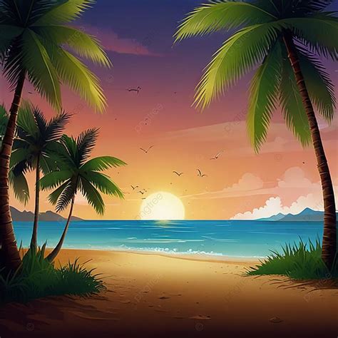 Summer Beach Scene With Palm Trees And Sunset Background Summer