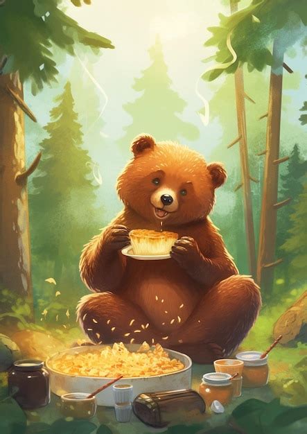 Premium Ai Image Kids Illustration Of A Bear Eating Honey While Seated