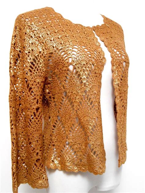 Crocheted Cardigan Sz PXL Ruby Rd Caramel Gold Overlay Open Front 3 4