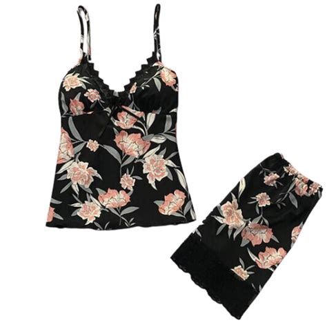 Ps017 Floral Padded Pyjamas Sexy Sleepwear Camisole Pants Set Nightwear Plus Size Baju Tidur S