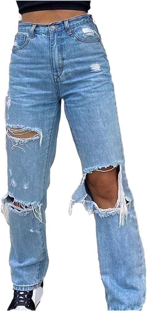 Skiyy Jeans Taille Haute Femmes Avec Trous D Truits Pantalon En Denim