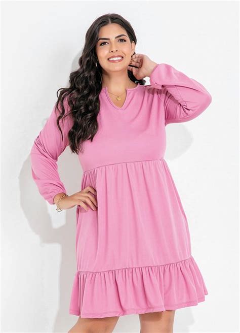 Vestido Rosa Mangas Longas Plus Size Queima De Estoque