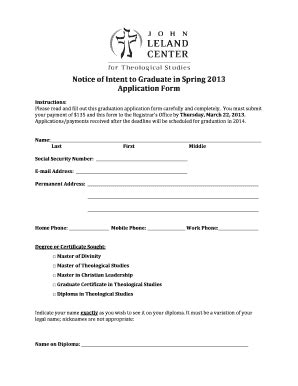 Fillable Online Notice Of Intent To Graduate In Spring 2013 Application