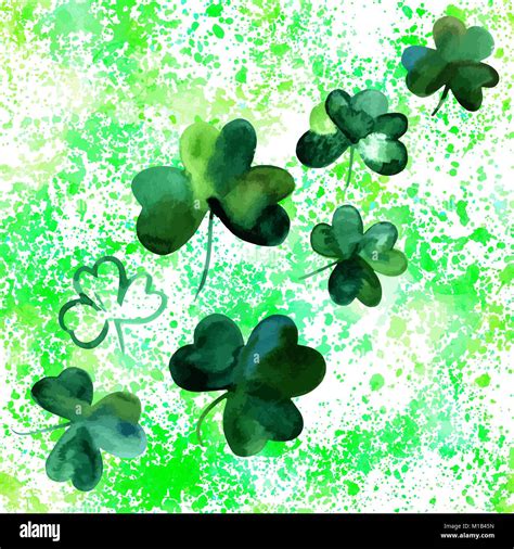 Vector Drawings Of Watercolor Shamrocks On Green Texture Stock Vector