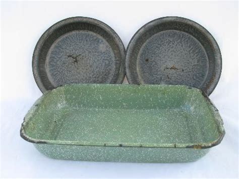 Vintage Enamelware Lot Old Green Speckled Baking Pan Antique Pie Plates