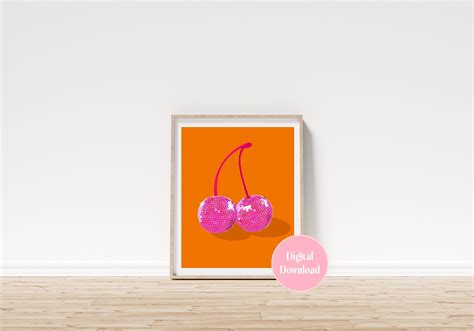 Orange And Pink Cherry Disco Ball Art Printable Cherries Wall Art Etsy