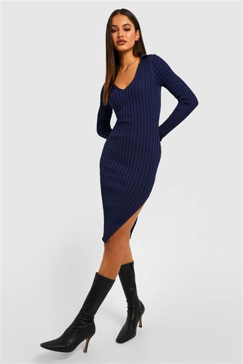 Two Tone Wide Rib Knitted Midi Dress