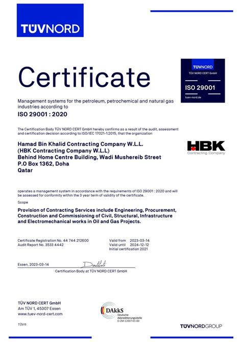 Certificates Hbk Contracting Co W L L