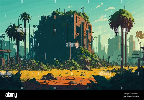 complex vector-style background image depicting a post-apocalyptic ...