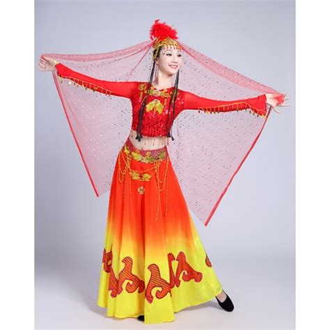 Women S Chinese Folk Dance Costumes For Female Red And Yellow Ancient