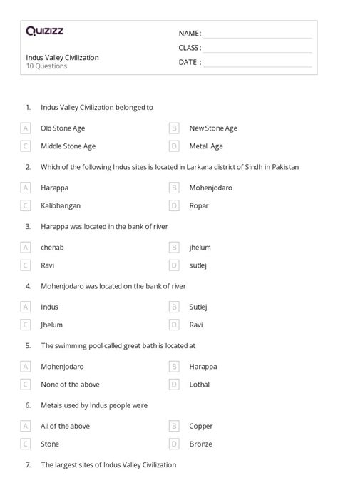 The Indus Civilization Worksheets On Quizizz Free Printable