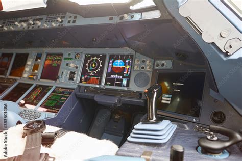 HONG KONG - CIRCA NOVEMBER, 2016: cockpit of Emirates Airbus A380. The ...