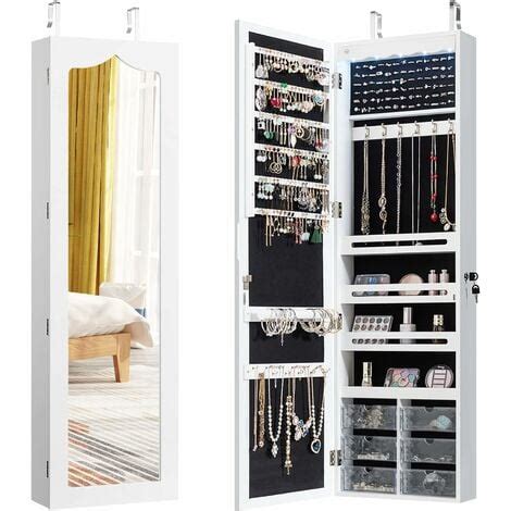 COSTWAY Armoire à Bijoux Murale LED Miroir 6 Tiroirs Hauteur du Crochet