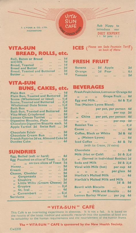 Vita Sun Café Lyons Corner House London 1920s Vintage Menu Art Uk