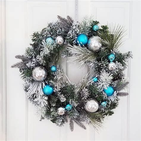 Christmas Wreath Flocked Decorated Blue And Silver 24 Christmas