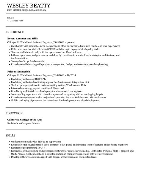 Mid Level Software Engineer Resume Samples Velvet Jobs