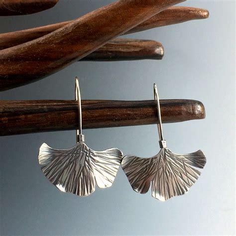 Sterling Silver Hammered Ginkgo Leaf Earrings Organic Nature Etsy