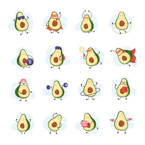 Conjunto Plano De Aguacate De Dibujos Animados De Iconos Aislados Con Caracteres De Estilo