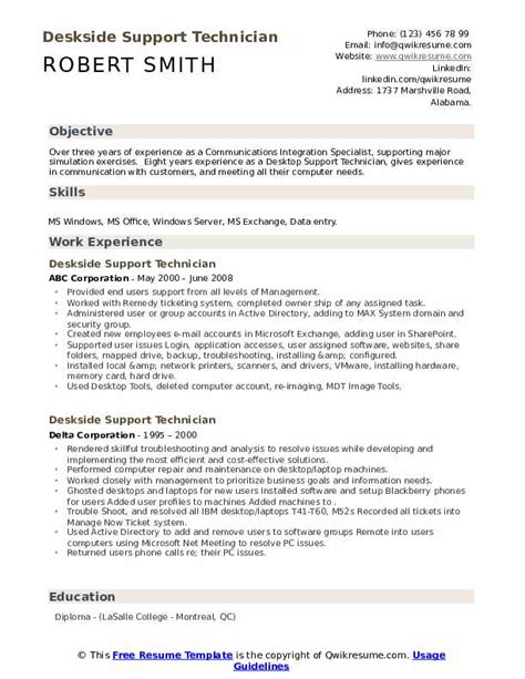 Deskside Support Technician Resume Samples Qwikresume