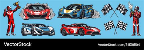 Car racing set stickers colorful Royalty Free Vector Image