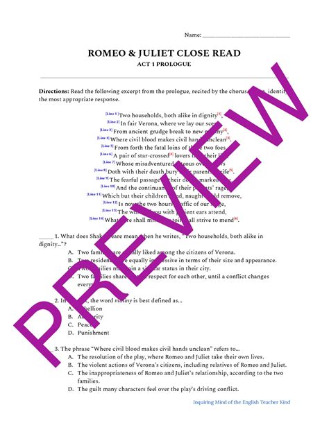 Romeo Juliet Close Reading Worksheet Act 1 Prologue Teaching