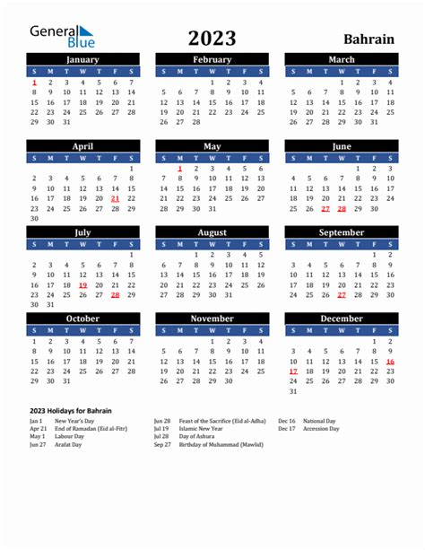 Yearly Calendar Printable With Bahrain Holidays