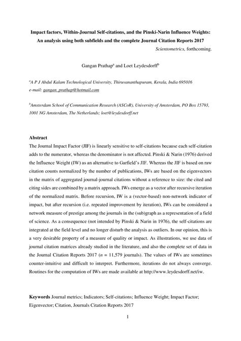 Impact Factors Within Journal Self Citations And The Pinski Narin