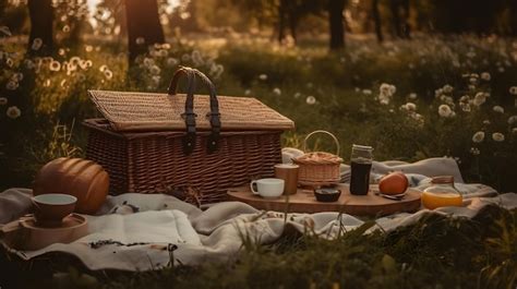 Premium Ai Image Picnic Basket On A Blanket In A Park