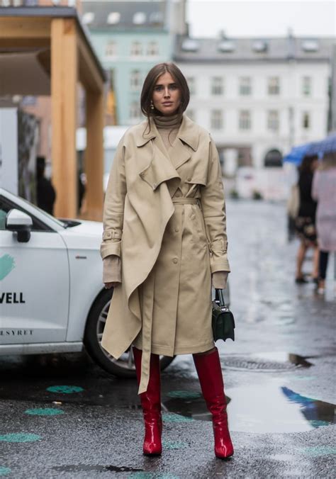 Meet A Mid Length Trench With Bright Red Knee High Boots How To Wear