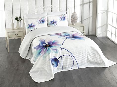 Ambesonne Floral Quilted Bedspread Set 3 Pcs Retro Flowers Watercolor