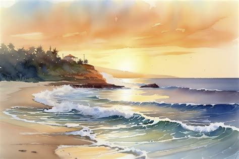 Watercolor Painting Of A Coastal Scene Including Rolling Waves Sandy