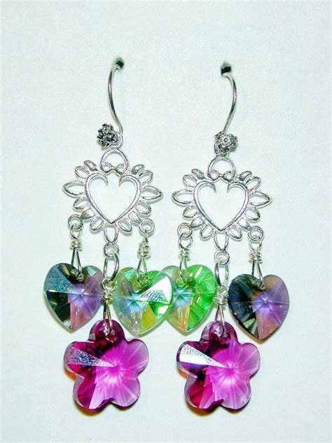 Jbb Frilly Swarovski Double Heart And Flower Bead Earrings On Etsy