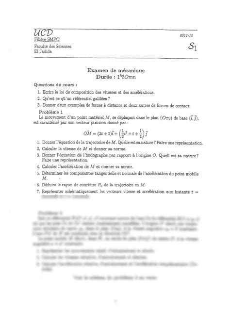 SOLUTION Examen De Mecanique Du Point Smpc 2011 2012 Studypool