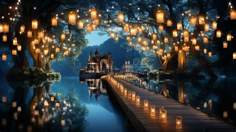 Serene Lakeside At Twilight With Wooden Dock Twinkling Stars And Full