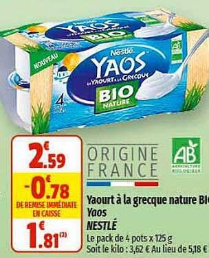 Promo Yaourt à La Grecque Nature Bio Yaos Nestlé chez Coccinelle Express