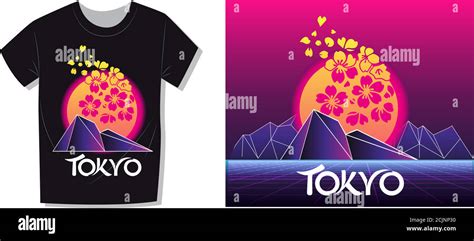 Aesthetic Vaporwave T Shirt Print Template With Sun And Mountains S