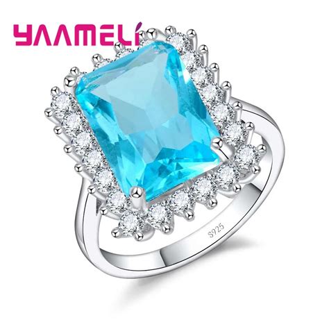 YAAMELI Light Blue Square Zircon Crystal Ring 925 Sterling Silver Rings