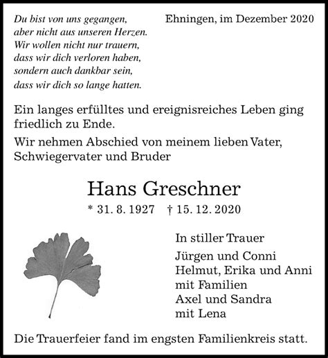 Traueranzeigen von Hans Greschner Kreiszeitung Böblinger Bote