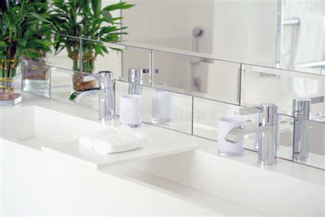 Modern White Bathroom Sink with Faucet Stock Image - Image of faucet ...