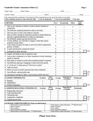 Fillable Online Vanderbilt Teacher Follow Up Assessment For Adhd Nichq